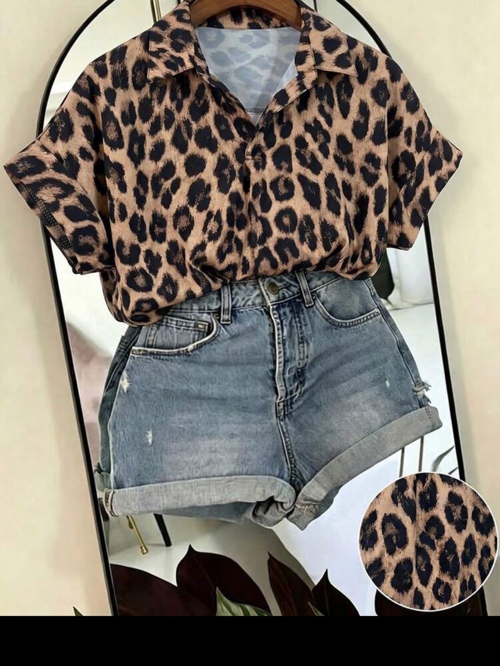 SHEIN Leopard Print Short Sleeve Button Down Blouse - Brown/Black